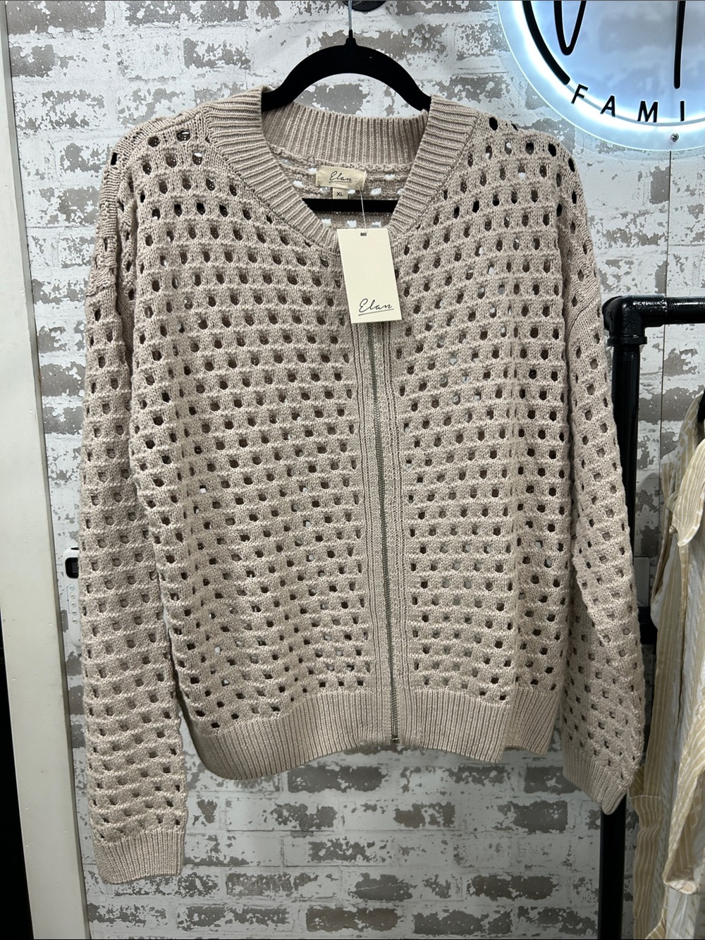 Elan Taupe Open-Knit Zip Cardigan